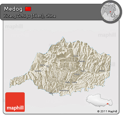 Shaded Relief 3D Map of Medog, single color outside