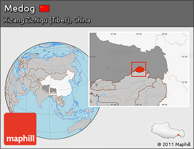 Gray Location Map of Medog, highlighted country, highlighted parent region