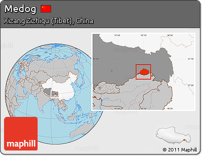 Gray Location Map of Medog, highlighted country, highlighted parent region