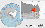 Gray Location Map of Medog, highlighted country, highlighted parent region, hill shading