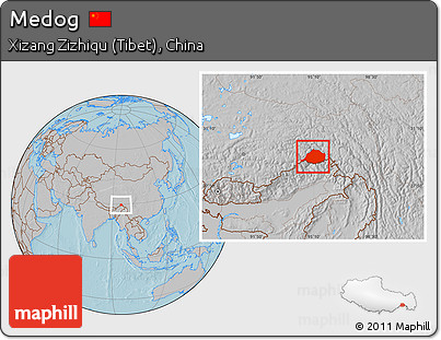 Gray Location Map of Medog, hill shading