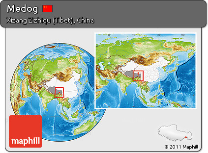 Physical Location Map of Medog, highlighted country, highlighted parent region, within the entire country