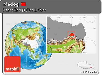 Physical Location Map of Medog, highlighted country, highlighted parent region
