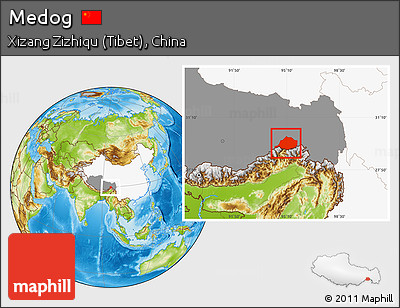Physical Location Map of Medog, highlighted country, highlighted parent region
