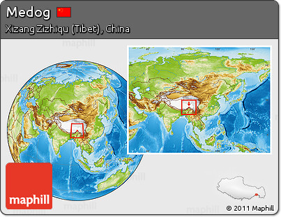 Physical Location Map of Medog, highlighted parent region, within the entire country