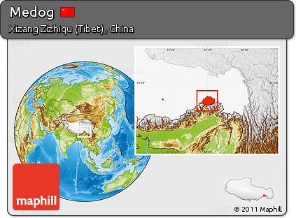 Physical Location Map of Medog, highlighted parent region