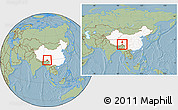 Savanna Style Location Map of Medog, highlighted country, within the entire country, hill shading