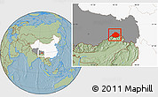Savanna Style Location Map of Medog, highlighted country, highlighted parent region, hill shading