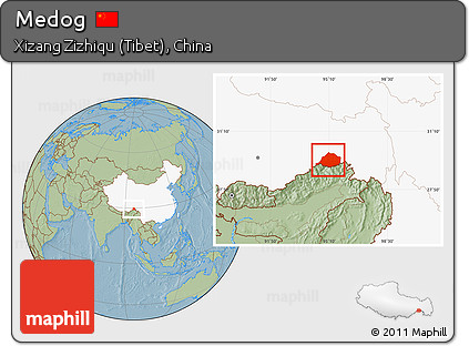 Savanna Style Location Map of Medog, highlighted country, hill shading