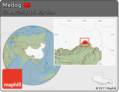 Savanna Style Location Map of Medog, highlighted country, hill shading