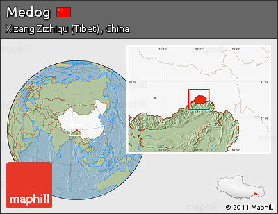 Savanna Style Location Map of Medog, highlighted country, hill shading