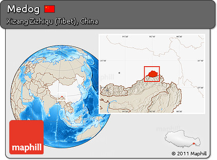Shaded Relief Location Map of Medog, highlighted country