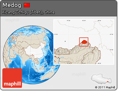 Shaded Relief Location Map of Medog, highlighted country