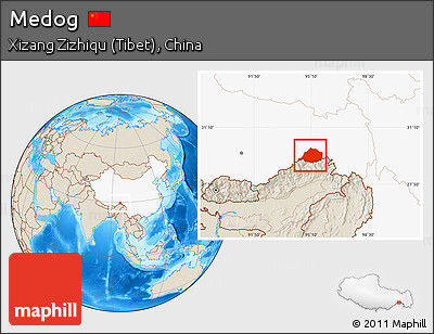 Shaded Relief Location Map of Medog, highlighted country