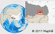 Shaded Relief Location Map of Medog, highlighted country, highlighted parent region