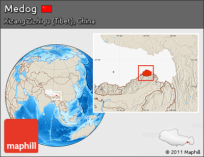 Shaded Relief Location Map of Medog, highlighted parent region