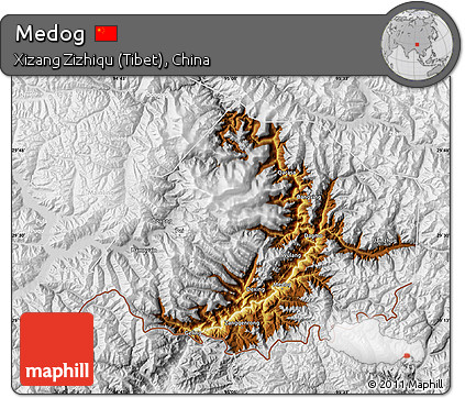 Physical Map of Medog, lighten, desaturated