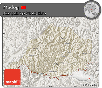 Shaded Relief Map of Medog, lighten