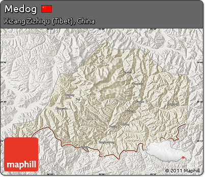 Shaded Relief Map of Medog, lighten