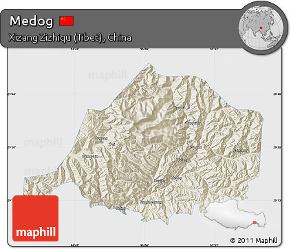 Shaded Relief Map of Medog, single color outside