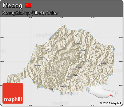 Shaded Relief Map of Medog, single color outside
