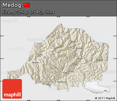 Shaded Relief Map of Medog, single color outside