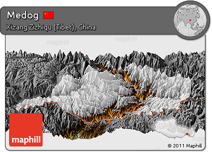 Physical Panoramic Map of Medog, darken