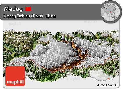 Physical Panoramic Map of Medog, satellite outside