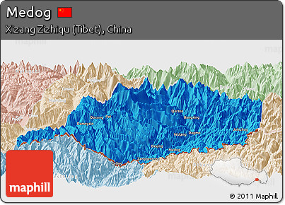Political Panoramic Map of Medog, lighten