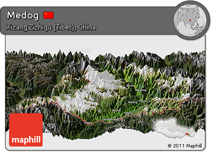 Satellite Panoramic Map of Medog, darken