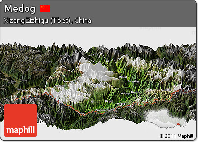 Satellite Panoramic Map of Medog, darken