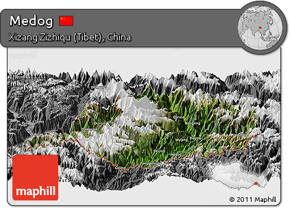 Satellite Panoramic Map of Medog, desaturated