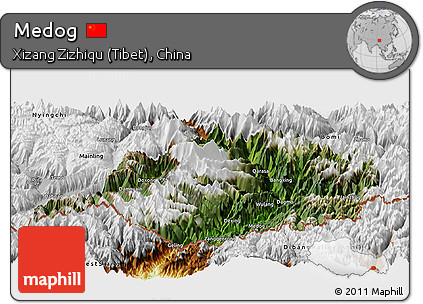 Satellite Panoramic Map of Medog, physical outside
