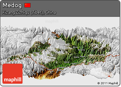 Satellite Panoramic Map of Medog, physical outside