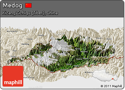 Satellite Panoramic Map of Medog, shaded relief outside