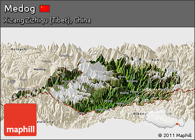 Satellite Panoramic Map of Medog, shaded relief outside