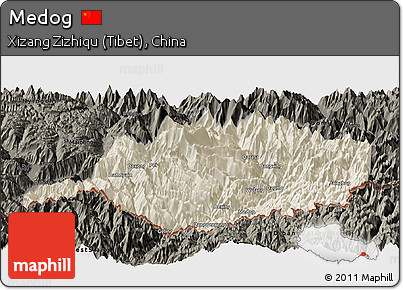 Shaded Relief Panoramic Map of Medog, darken