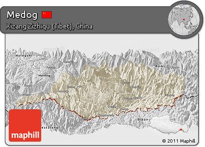 Shaded Relief Panoramic Map of Medog, desaturated