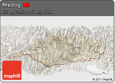 Shaded Relief Panoramic Map of Medog, lighten