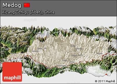 Shaded Relief Panoramic Map of Medog, satellite outside
