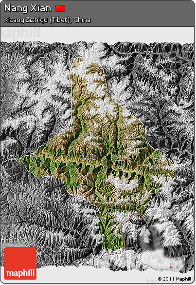 Satellite 3D Map of Nang Xian, desaturated