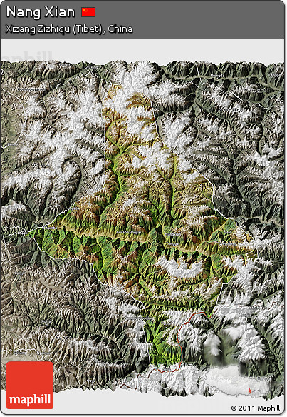 Satellite 3D Map of Nang Xian, semi-desaturated