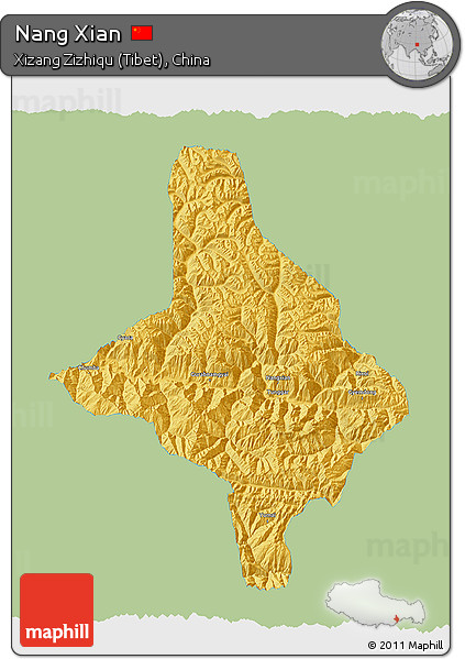 Savanna Style 3D Map of Nang Xian, single color outside
