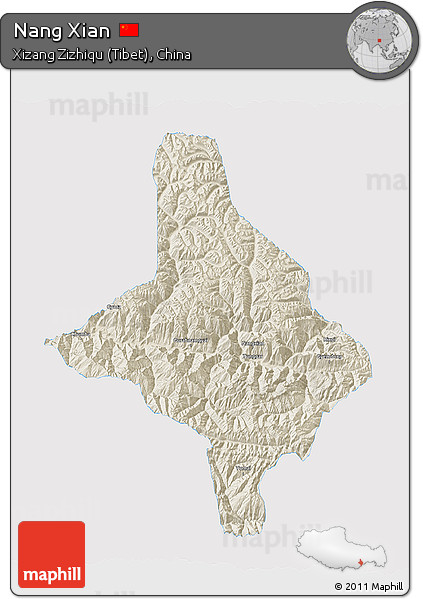 Shaded Relief 3D Map of Nang Xian, single color outside
