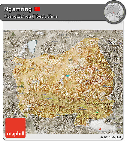 Satellite 3D Map of Ngamring, semi-desaturated