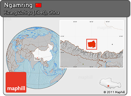 Gray Location Map of Ngamring, highlighted country, hill shading