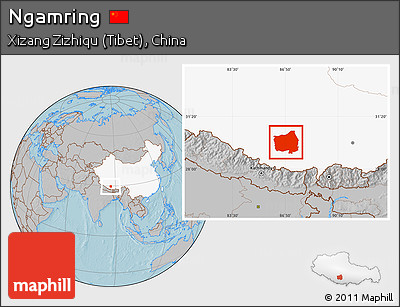 Gray Location Map of Ngamring, highlighted country, hill shading