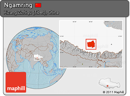 Gray Location Map of Ngamring, highlighted parent region, hill shading