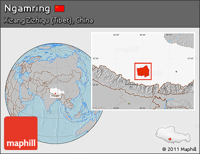 Gray Location Map of Ngamring, highlighted parent region, hill shading