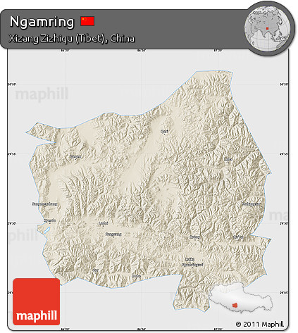 Shaded Relief Map of Ngamring, single color outside